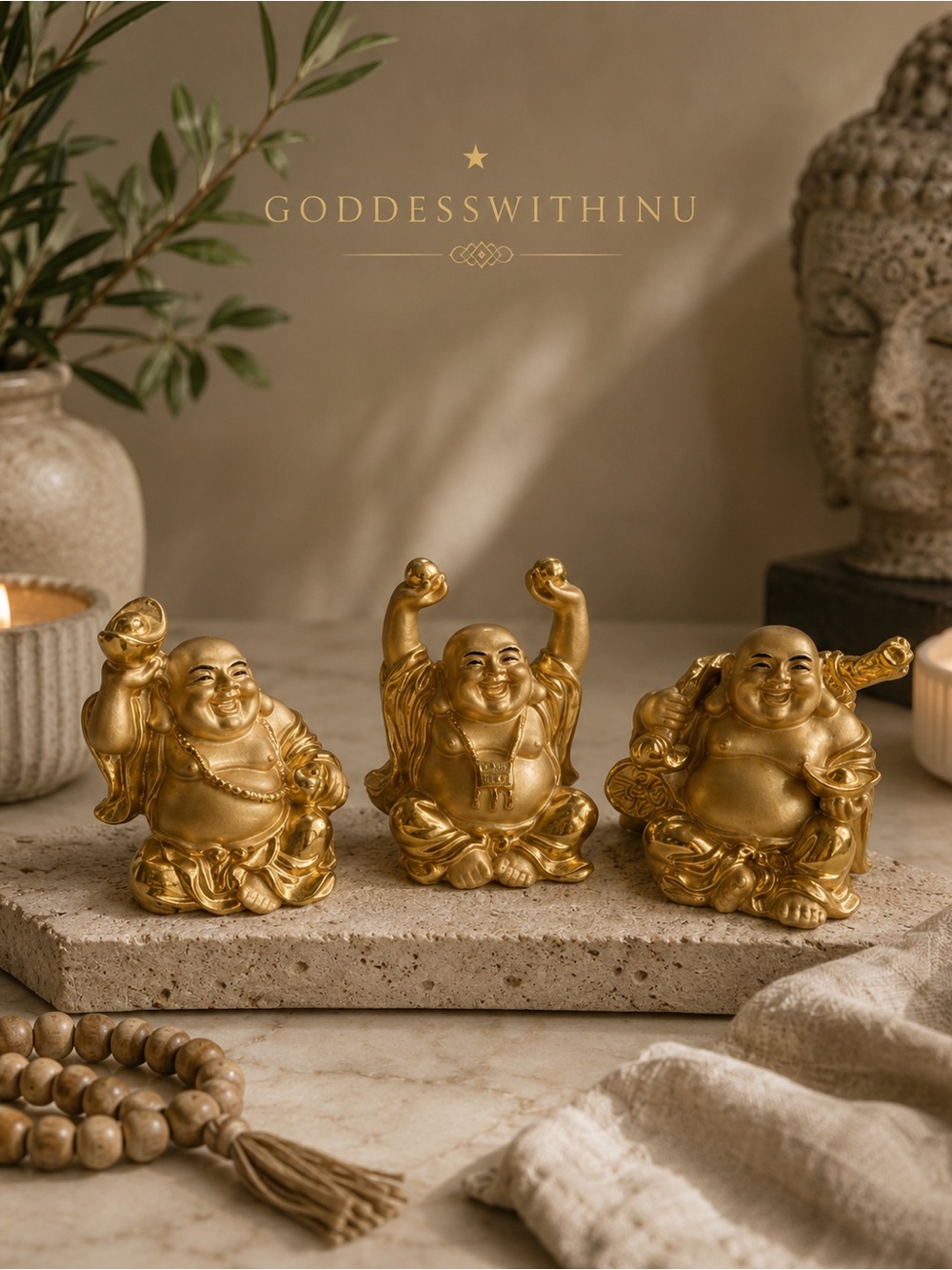 SET OF 3 | Gold Tone Laughing Buddha Trio | Feng Shui | Wealth & Joy